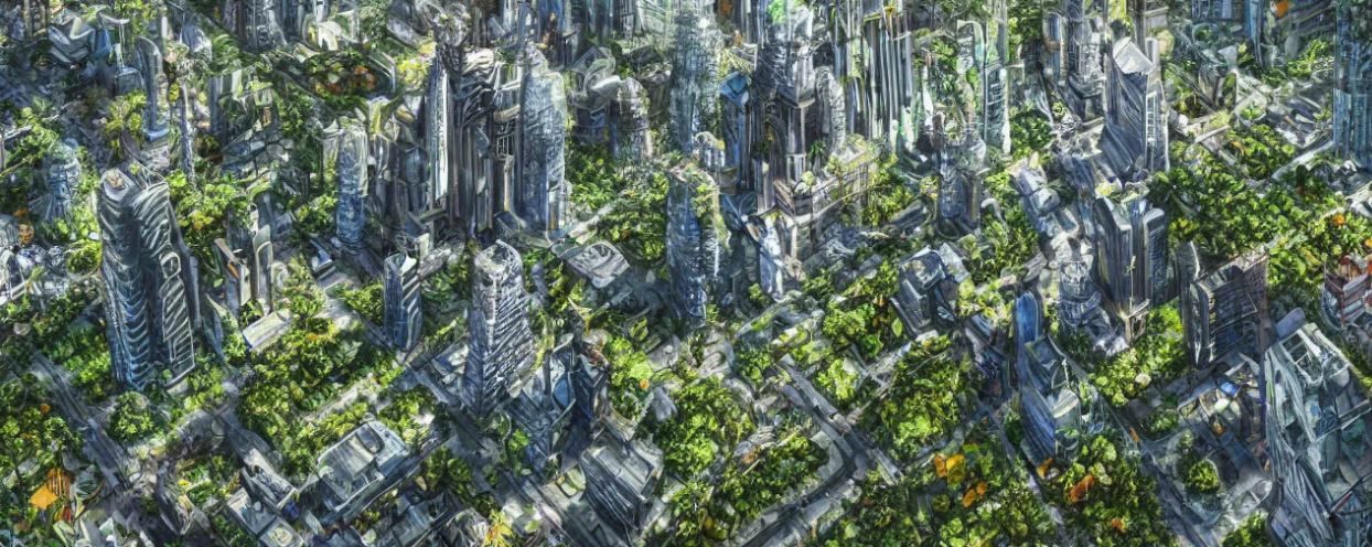 The meme is a humorous image of a city, but it's actually a giant forest, with skyscrapers and buildings completely overgrown with vines and trees. The image is captioned "When you finally get that 1st job, but you still live in the parent's basement".